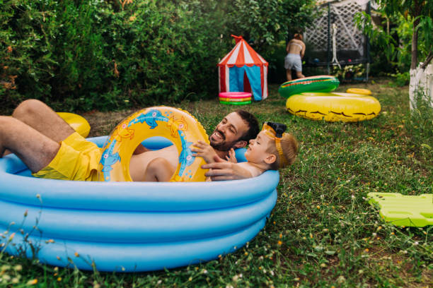 summertime in our yard - above ground pool imagens e fotografias de stock