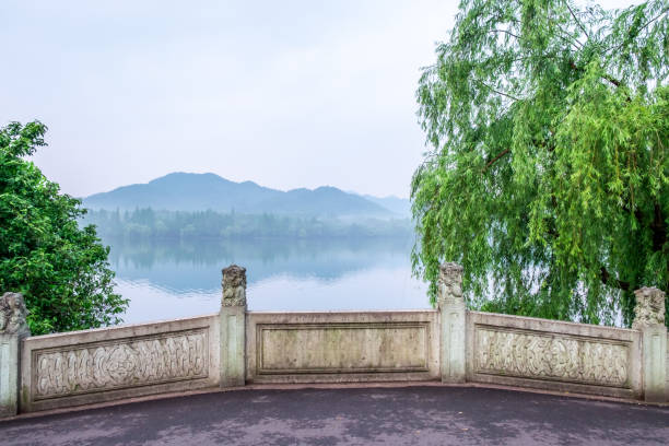 View of west lake in the morning, where is a freshwater lake in Hangzhou, Zhejiang, China. stock photo