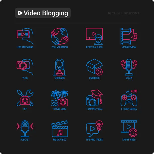 Vector illustration of Video blogging thin line icons set: vlog, ASMR, mukbang, unboxing, DIY, stream game, review, collaboration, podcast, tips and tricks. Modern vector illustration for black theme.
