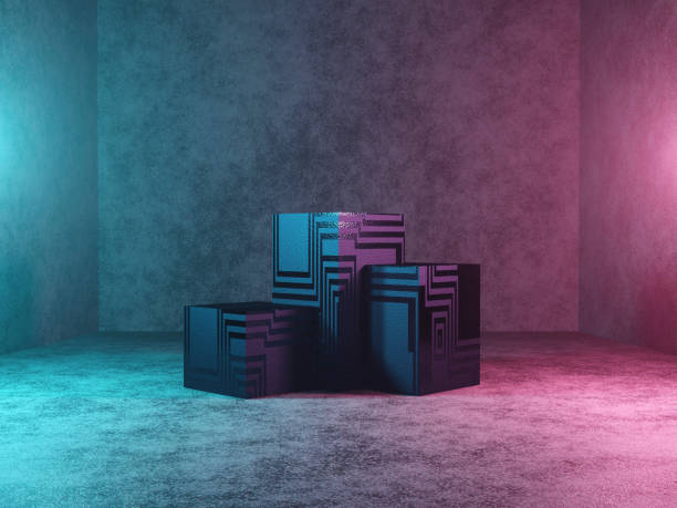 istock Abstract podium, pedestal or platform - a cubes with Sci-Fi texture on a dark concrete background. The concept of the city or the interior of the future. 3d rendering 1165356058
