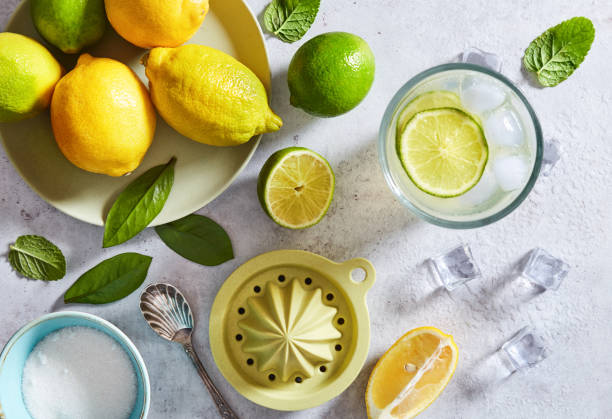 istock Lemonade ingredients viewed from above on a marble background. Lemon, lime, ice, sugar, spoon, glass, juice squeezer. Top view 1165361256