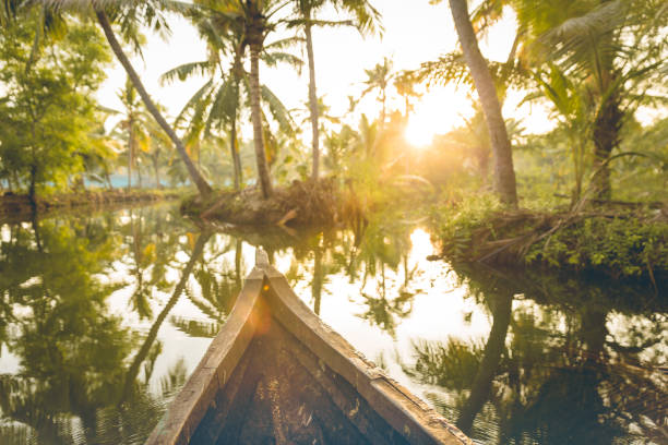 schöne kanutour auf den munroe-inseln auf dem ashtamudi-see im distrikt kollam, kerala, indien - flussinsel landform stock-fotos und bilder