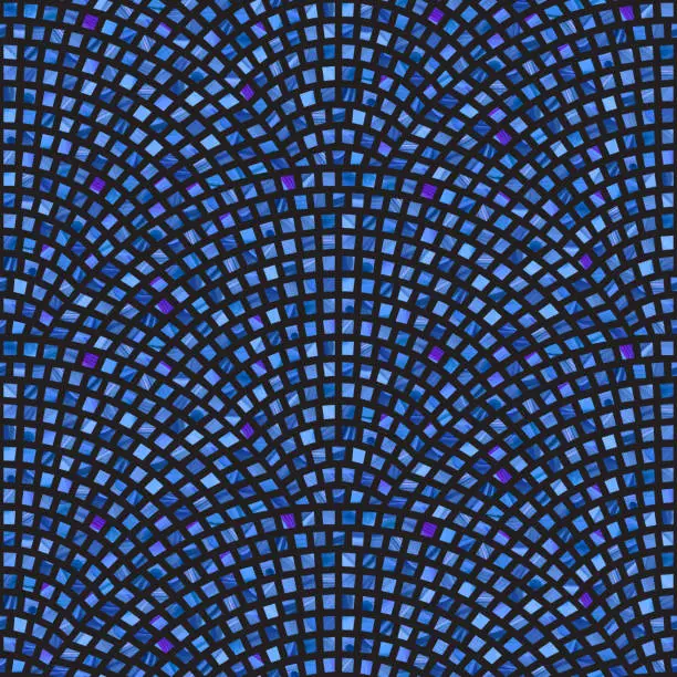 Vector illustration of Abstract vector wavy seamless geometrical pattern from small rectangles with blue brush stroke texture on a black background. Floor tile, wallpaper, wrapping paper, page fill in terrazzo mosaic style