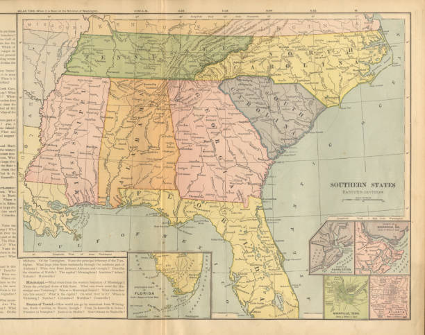 illustrations, cliparts, dessins animés et icônes de eastern southern states of the united states of america antique victorian engraved colored map, 1899 - tennessee map nashville usa