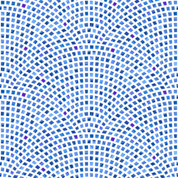 흰색 배경에 파란색 브러시 스트로크 텍스처가있는 작은 사각형에서 추상 벡터 물결 모양의 원활한 기하학적 패턴. 바닥 타일, 벽지, 포장지, 테라초 모자이크 스타일로 페이지 채우기 - 타일 바닥 stock illustrations