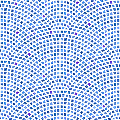 Abstract vector wavy seamless geometrical pattern from small rectangles with blue brush stroke texture on a white background. Floor tile, wallpaper, wrapping paper, page fill in terrazzo mosaic style