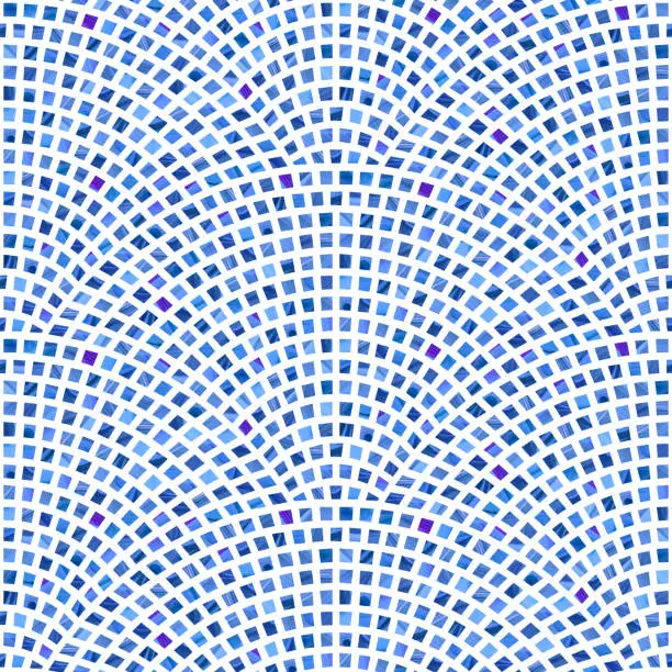 Vector illustration of Abstract vector wavy seamless geometrical pattern from small rectangles with blue brush stroke texture on a white background. Floor tile, wallpaper, wrapping paper, page fill in terrazzo mosaic style