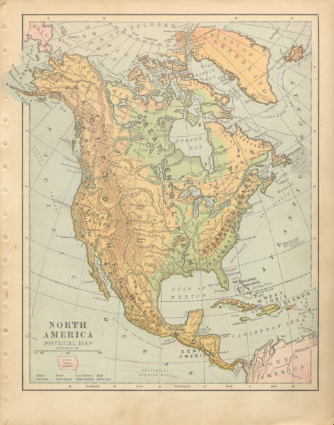북미 정치 골동품 빅토리아 새겨진 컬러지도, 1899 - cartography map retro revival usa stock illustrations