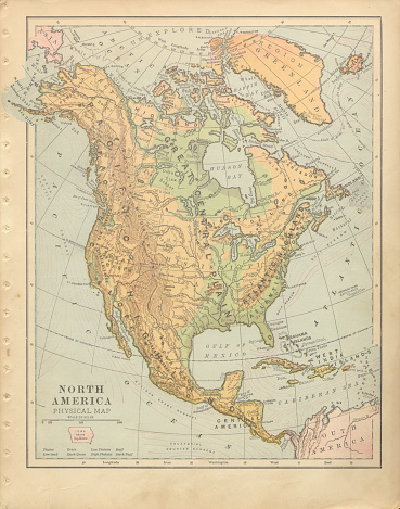 Very Rare, Beautifully Illustrated Antique Victorian Engraved Colored Map of North America Political, The United States of America, Published in 1899. Source: Original edition from my own archives. Copyright has expired on this artwork. Digitally restored.