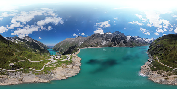 Spherical aerial panorama of Stausee Mooserboden Dam near Kaprun, Austria