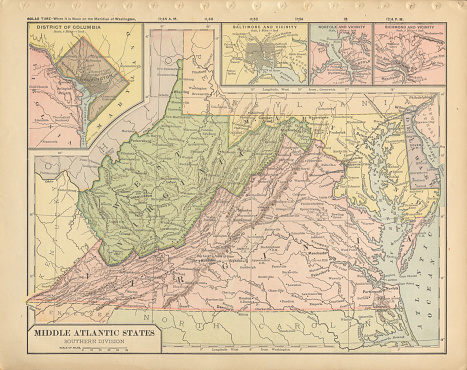 Very Rare, Beautifully Illustrated Antique Victorian Engraved Colored Map of The Southern Middle Atlantic States of the United States of America, Published in 1899. Source: Original edition from my own archives. Copyright has expired on this artwork. Digitally restored.