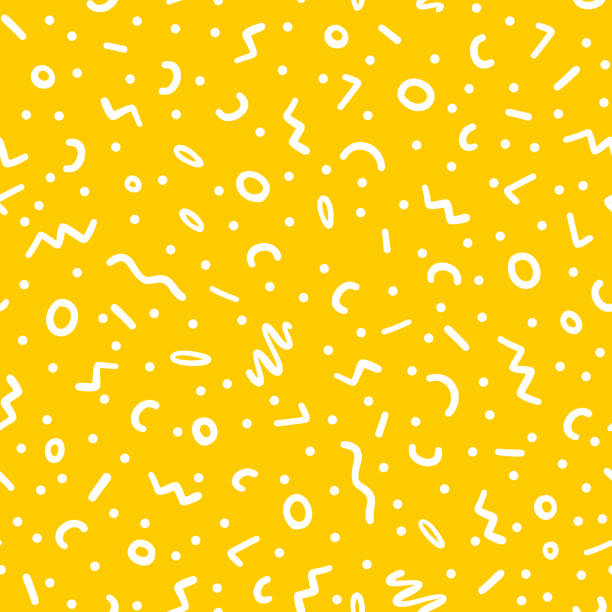 hand gezeichnet bunte abstrakte konfetti nahtlose muster. pop-art-mode-festival abstrakten hintergrund in memphis-stil. gelbe farbe - fun stock-grafiken, -clipart, -cartoons und -symbole