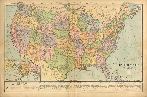 Very Rare, Beautifully Illustrated Antique Victorian Engraved Colored Map of The Political Map of the United States of America, Published in 1899. Source: Original edition from my own archives. Copyright has expired on this artwork. Digitally restored.