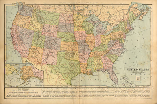 Political Map of the United States of America Antique Victorian Engraved Colored Map, 1899 Very Rare, Beautifully Illustrated Antique Victorian Engraved Colored Map of The Political Map of the United States of America, Published in 1899. Source: Original edition from my own archives. Copyright has expired on this artwork. Digitally restored. vintage maps stock illustrations