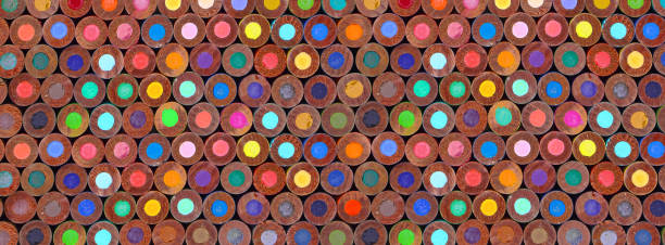 Color pencils in multicolored background patterned abstract circles back to school back-to-school supplies full colored frame alignment columns rows pencil photos stock pictures, royalty-free photos & images