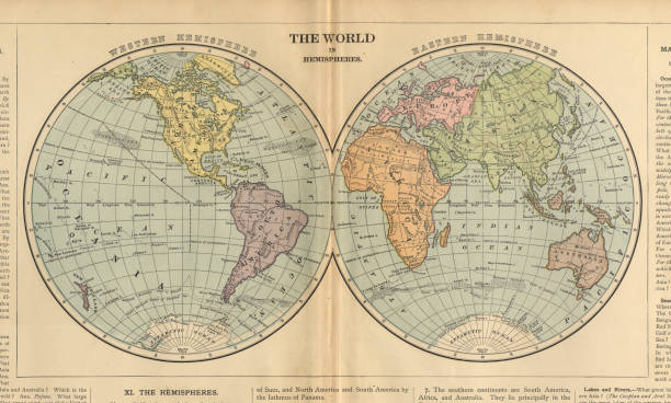 World in Hemispheres Antique Victorian Engraved Colored Map, 1899 Very Rare, Beautifully Illustrated Antique Victorian Engraved Colored Map of The World in Hemispheres, Published in 1899. Source: Original edition from my own archives. Copyright has expired on this artwork. Digitally restored. vintage maps stock illustrations