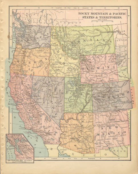 ilustraciones, imágenes clip art, dibujos animados e iconos de stock de montañas rocosas y estados y territorios del pacífico de los estados unidos de américa antiguo mapa de color escríbelo victoriano, 1899 - montana map usa old