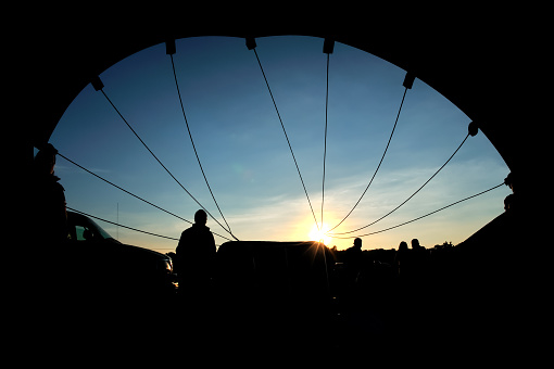 Hot air balloon interior with sunrise backlighting