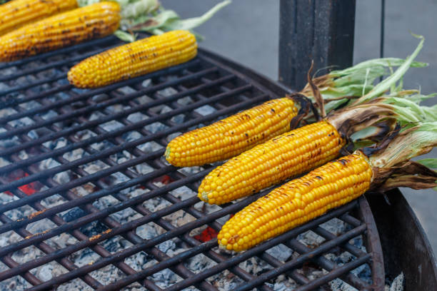 istock Street food. Corn on the cob, grilled on coals. Selective focus 1165376598