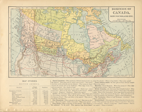 Very Rare, Beautifully Illustrated Antique Victorian Engraved Colored Map of The Dominion of Canada and Newfoundland Map Antique Victorian Engraved Colored Map, 1899. Source: Original edition from my own archives. Copyright has expired on this artwork. Digitally restored.