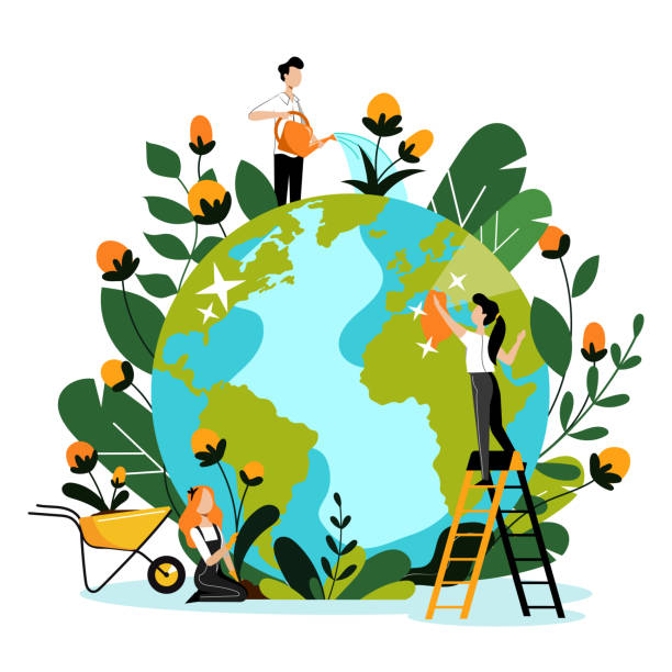 Environment, ecology, nature protection concept. People take care of Earth planet. Vector flat cartoon illustration. Environment, ecology, nature protection concept. Young volunteers take care of Earth planet and environmental nature. Vector flat cartoon illustration. People cleaning, watering and planting flowers. environment day stock illustrations