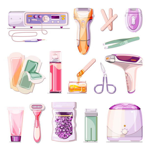 ilustrações de stock, clip art, desenhos animados e ícones de hair removal methods vector cartoon illustration. beauty salon epilation and depilation icons set. - waxing