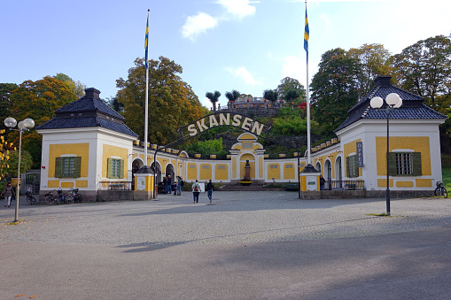 Stockholm, Sweden- September 30, 2017: Entrance to Skansen, an open-air museum and zoo in Sweden located on the island Djurgården in Stockholm.