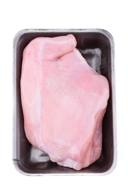 istock Raw turkey fillet in a plastic tray over white background. Top view. 1165383681