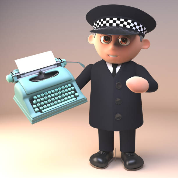 istock Policeman in uniform character in 3d holding an old typewriter, 3d illustration 1165385887