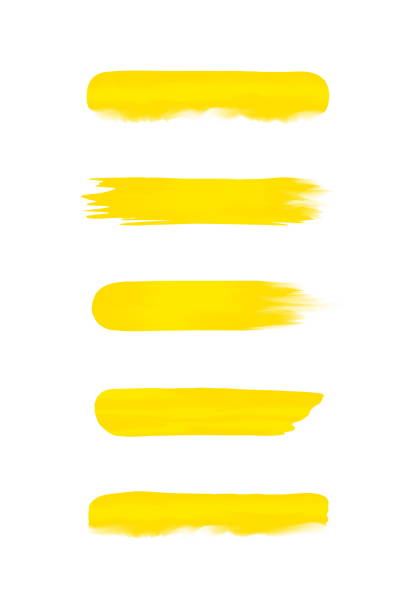 흰색 배경에 고립 된 수채화로 칠해진 노란색 줄무늬 세트, 노란색 물 색깔 브러시 스트로크 세트, 개념 수채화 페인트에 부드러운 일러스트 페인트 브러시, 색상 아크릴 물 색 - nobody brown yellow spotted stock illustrations