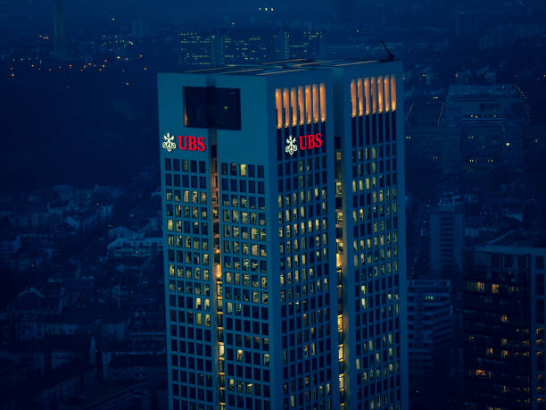 Frankfurt skyline with UBS Tower from Maintower at rush hour at night photographed on 2011.03.14 in Frankfurt Hessen Germany