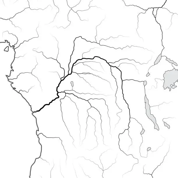 Vector illustration of World Map of The CONGO RIVER basin: Equatorial Africa, Central Africa, Congo, Kongo, Zaïre. Geographic chart with coastline and main river tributaries.