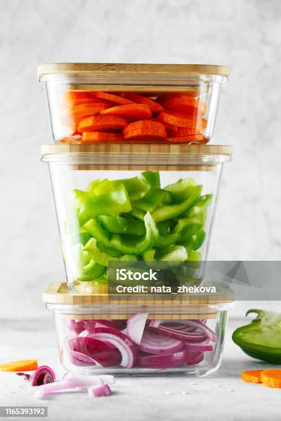 Glass Boxes With Fresh Raw Vegetables Healthy Meal Prep Recipe Preparation Photos Healthy Vegan Dishes In Glass Containers Weight Loss Food Concept Stock Photo - Download Image Now