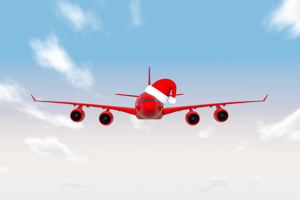 3d rendering of red color airplane in sky. Minimal Christmas travel  concept.