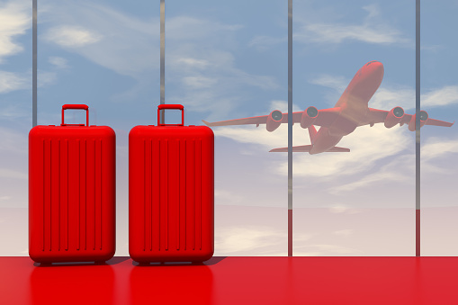3d rendering of red suitcases in airport with red color airplane in sky. Minimal Christmas travel  concept.