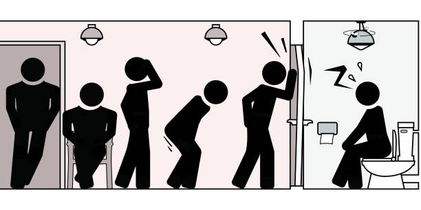 Constipation, holding pee and other toilet difficulties Waiting men get impatient in front of a closed toilet door. impatient stock illustrations