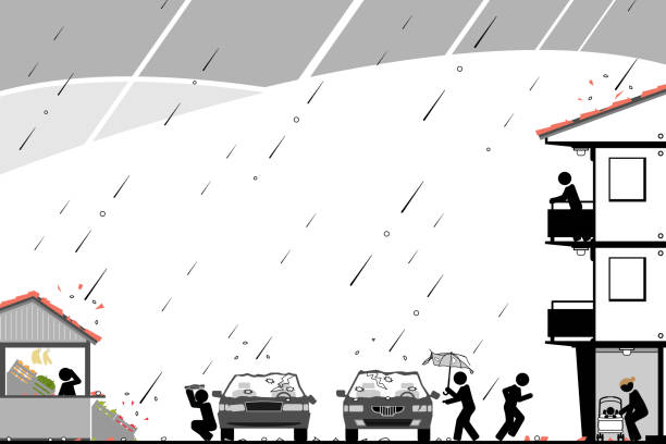 ilustrações de stock, clip art, desenhos animados e ícones de massive hail storm causes chaos in neighborhood - weather cloud window rain