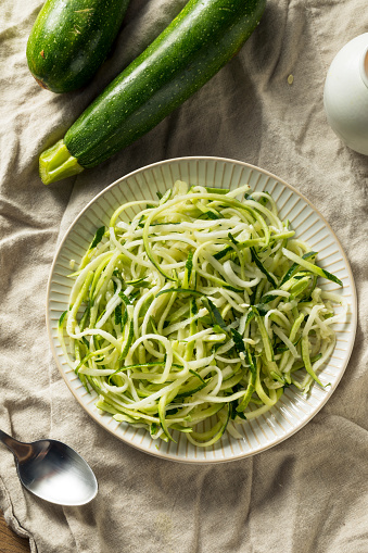 Raw Green Organic Zucchini Noodles Zoodles in a Bowl