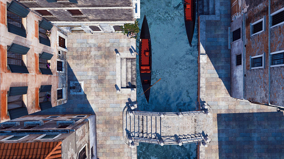 Aerial view of moored empty venetian gondola and ancient stone bridge on a narrow water canal in Venice, Italy. With no people realistic 3D illustration from my own 3D rendering file