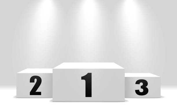 Winner podium with 3 stand. White pedestal for win of first, second and third stage. Winner pedestal with spotlight. vector eps10