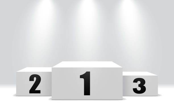 Winner podium with 3 stand. White pedestal for win of first, second and third stage. Winner pedestal with spotlight. vector illustration Winner podium with 3 stand. White pedestal for win of first, second and third stage. Winner pedestal with spotlight. vector eps10 second place stock illustrations