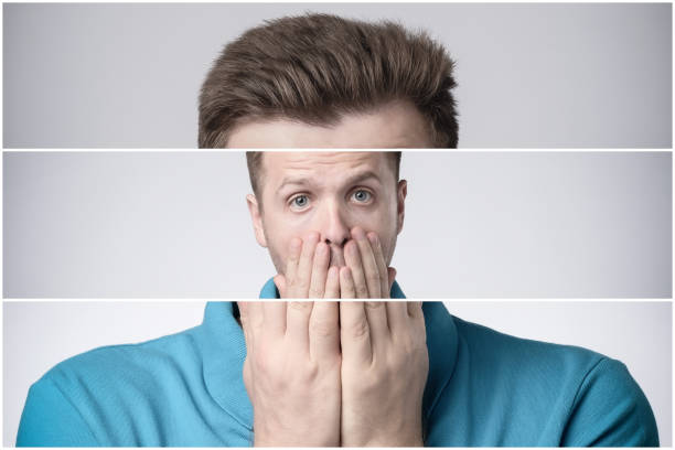 istock Triplet of young manbeing afraid or stressed covering mouth with hands 1165400053