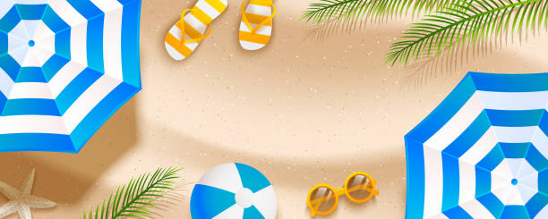 illustrations, cliparts, dessins animés et icônes de bannière horizontale de plage d'été avec des parasols, des tongs, des lunettes de soleil, la boule et les feuilles de paume sur le sable - beach ball ball beach white