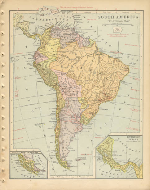 Very Rare, Beautifully Illustrated Antique Victorian Engraved Colored Map of South America Political Map Antique Victorian Engraved Colored Map, 1899. Source: Original edition from my own archives. Copyright has expired on this artwork. Digitally restored.