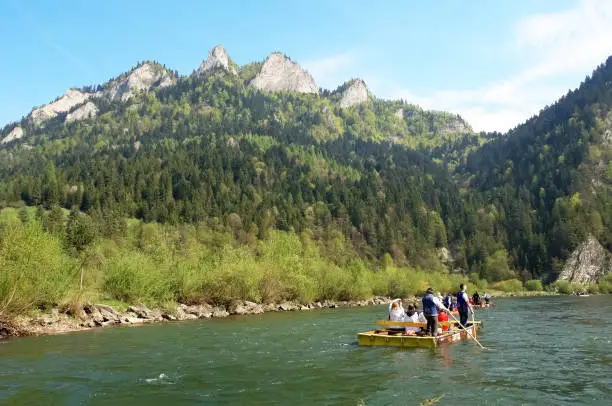 Rafting  of tourists on the river in the Slovak mountains in spring.