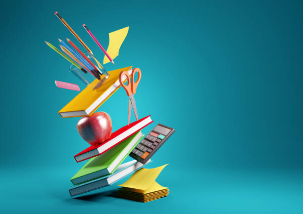 Back To School Concept Background Back to school education background concept with falling and balancing school accessories and items. 3D render illustration. stationary stock pictures, royalty-free photos & images