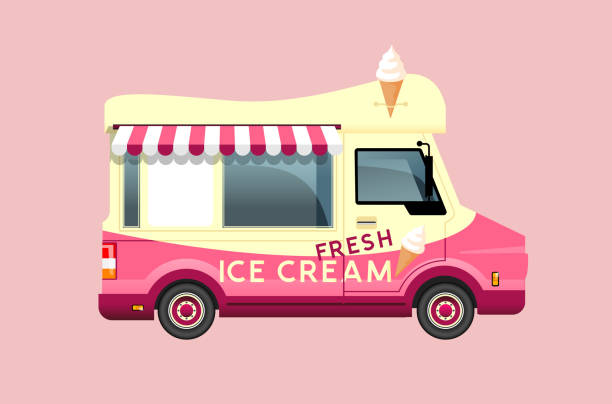 illustrations, cliparts, dessins animés et icônes de van classique de crème glacée d'été - camionnette de vendeur de glaces