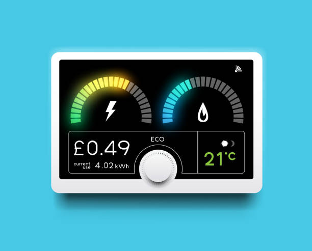 Energy Tracking Home Smart Meter A modern home energy smart meter for tracking gas and electricity usage. Vector illustration. usage stock illustrations