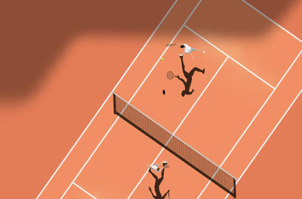 вид на глиняной корт теннисный матч - tennis serving men court stock illustrations