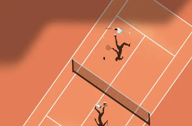 Vector illustration of Top View Of Clay Court Tennis Match